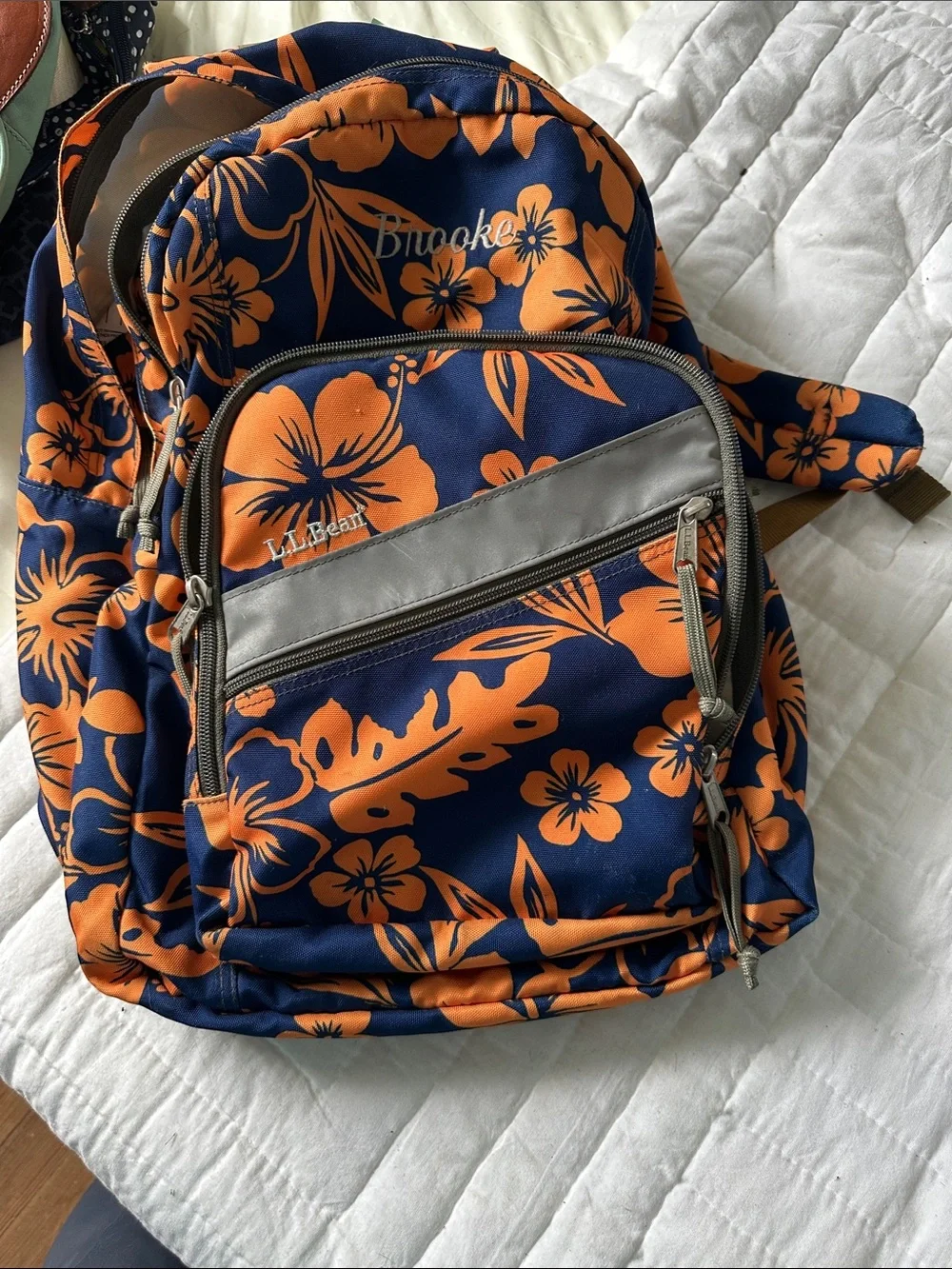 LL Bean coral & navy Polynesian nylon back pack